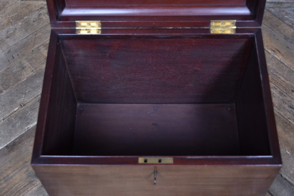 An Edwardian mahogany cellarette featuring a hinged stepped lid, front keyhole escutcheon, and carved cabriole legs with claw-and-ball feet. View VI