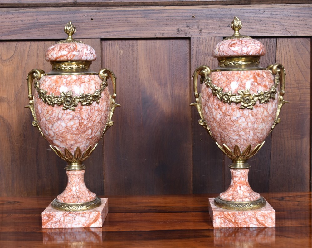 Pair of French Pink Marble Cassolettes / Urns