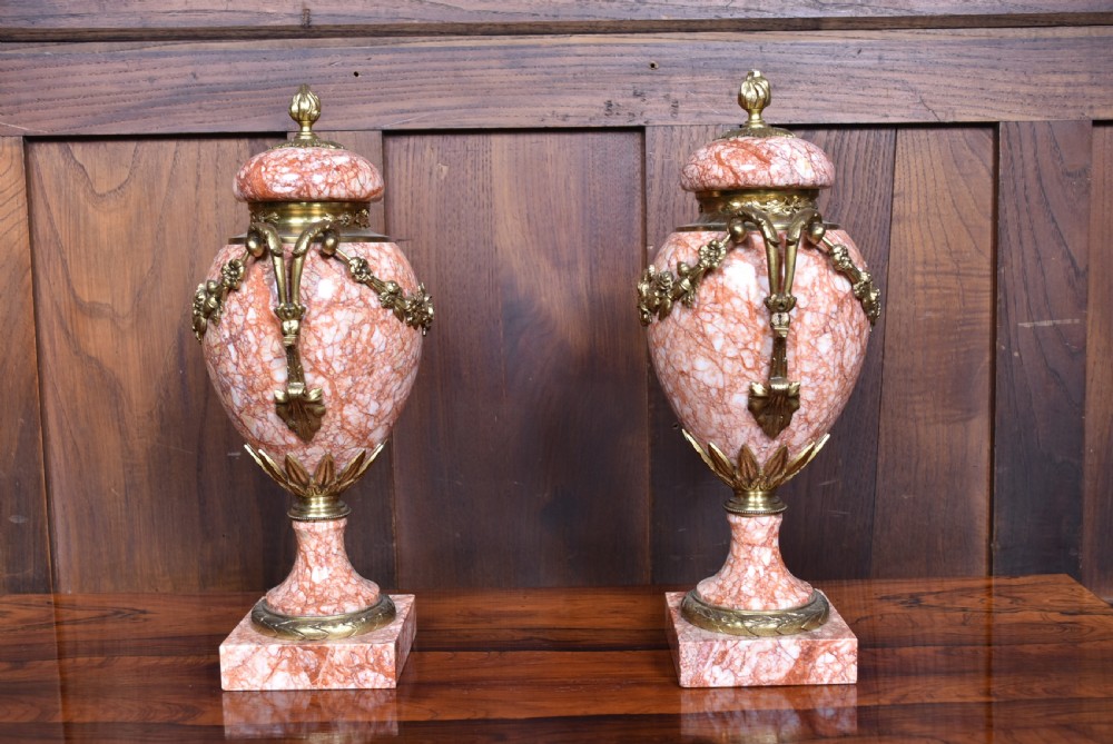 Pair of French Pink Marble Cassolettes / Urns View IX