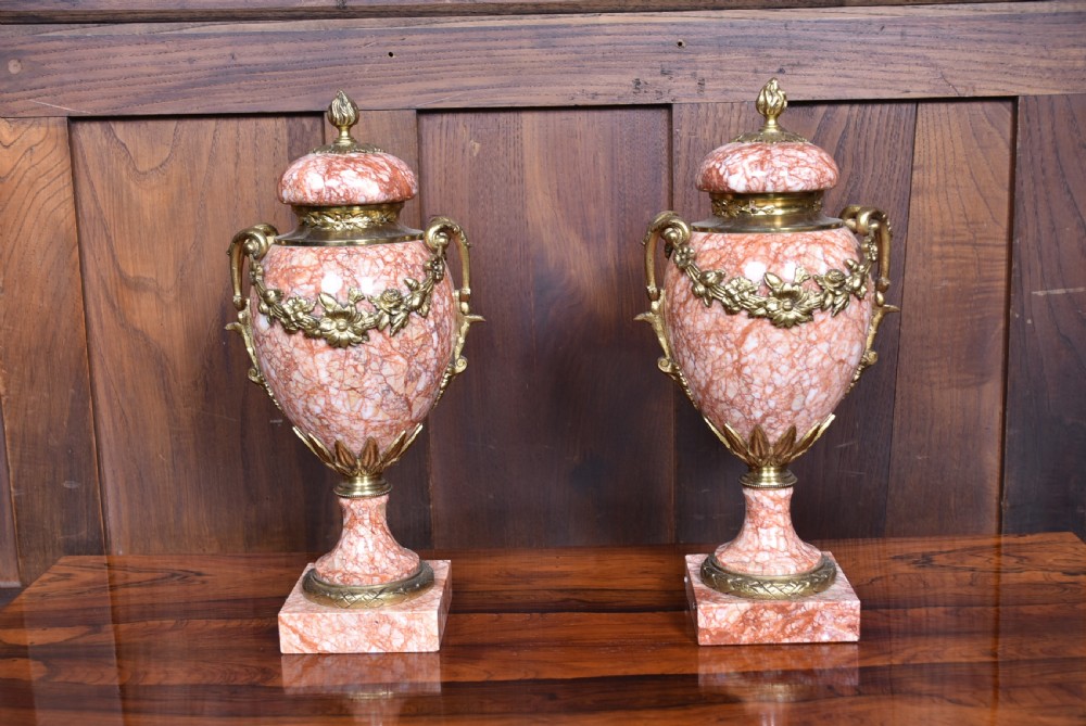 Pair of French Pink Marble Cassolettes / Urns View XII
