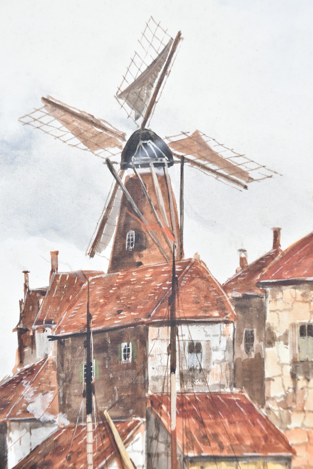A pair of framed Victorian watercolour paintings depicting Dutch coastal scenes with windmills, boats, and canal buildings, finished with terracotta mounts and silvered frames. View IX