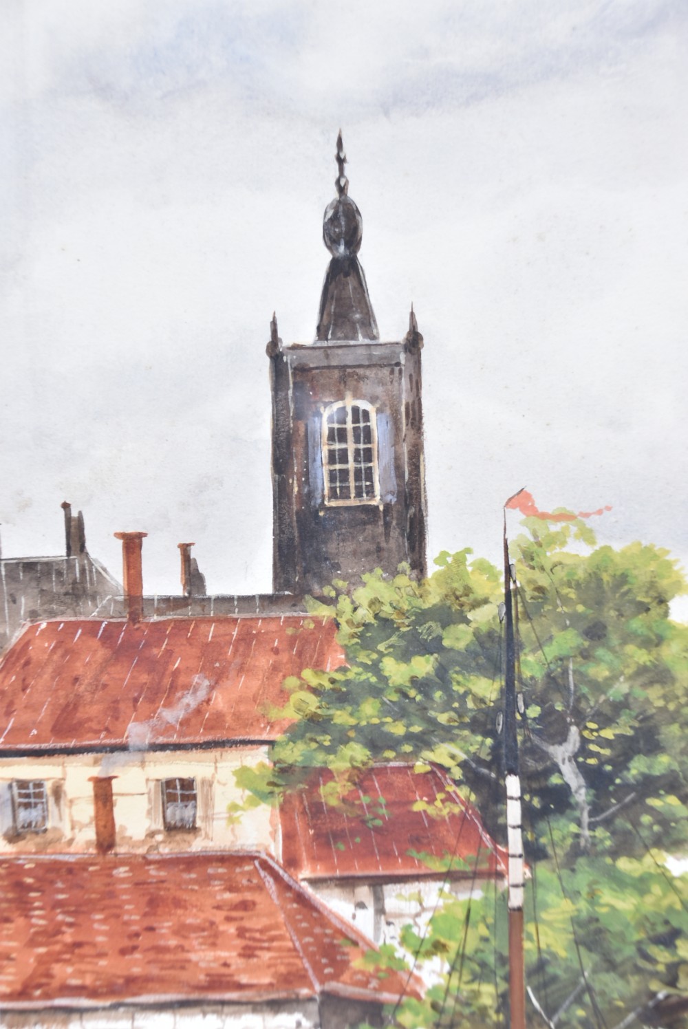 A pair of framed Victorian watercolour paintings depicting Dutch coastal scenes with windmills, boats, and canal buildings, finished with terracotta mounts and silvered frames. View X