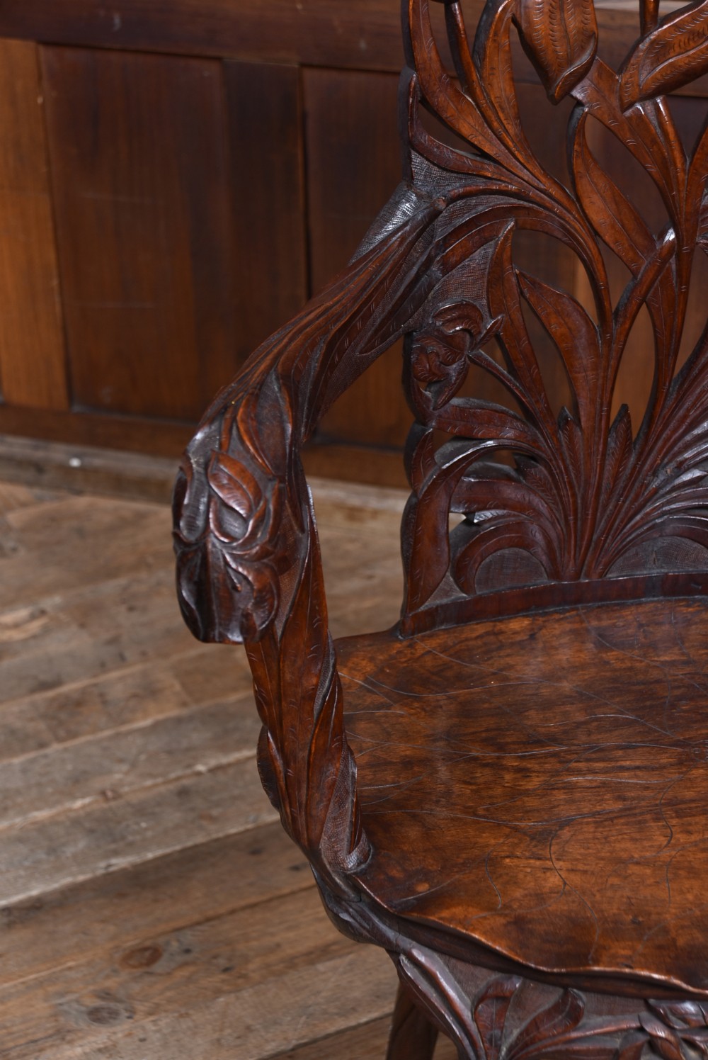 Carved Anglo-Indian Kashmir Walnut Armchair  View V