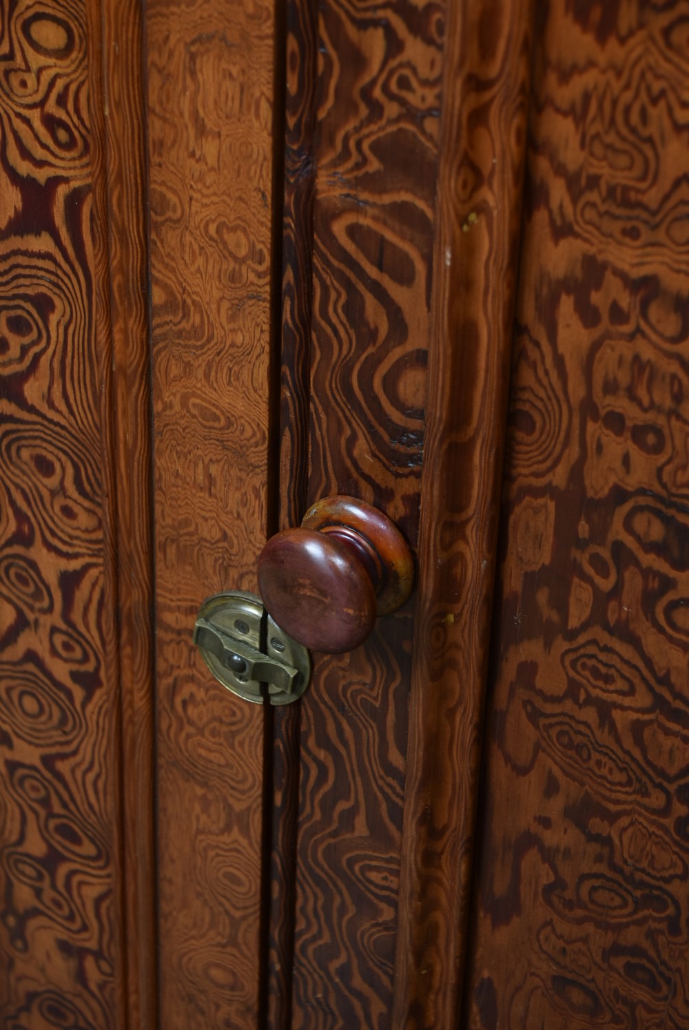 A Victorian Hungarian ash cupboard featuring highly figured swirling veneer panels, turned wooden knobs, brass keyhole escutcheons, and a solid plinth base. View V