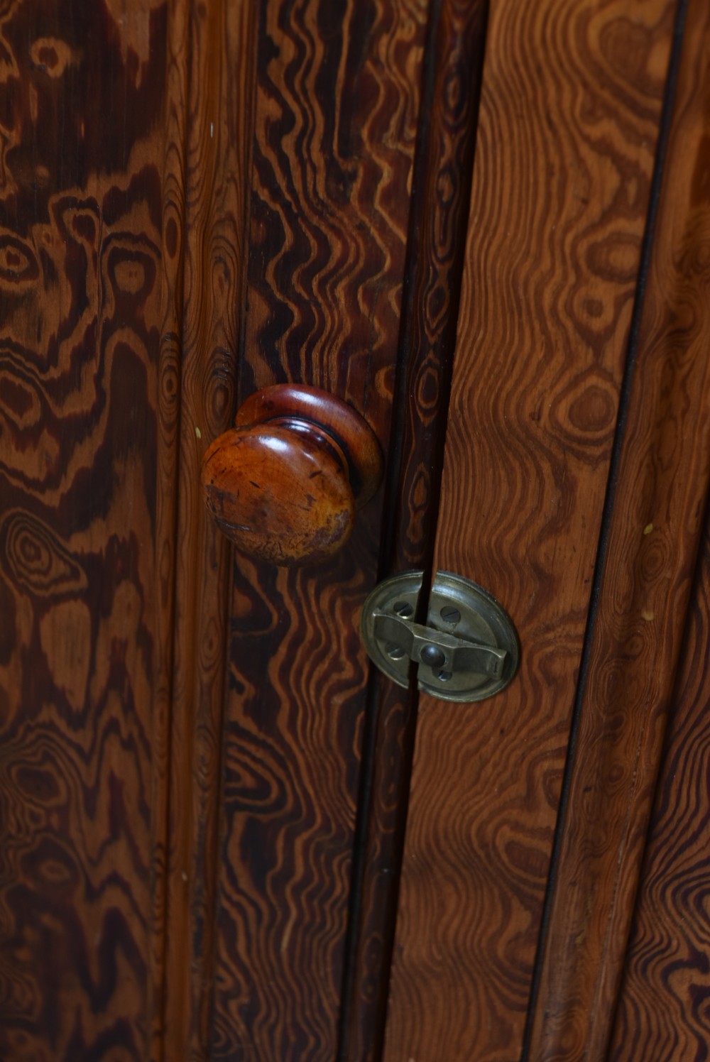 A Victorian Hungarian ash cupboard featuring highly figured swirling veneer panels, turned wooden knobs, brass keyhole escutcheons, and a solid plinth base. View VI