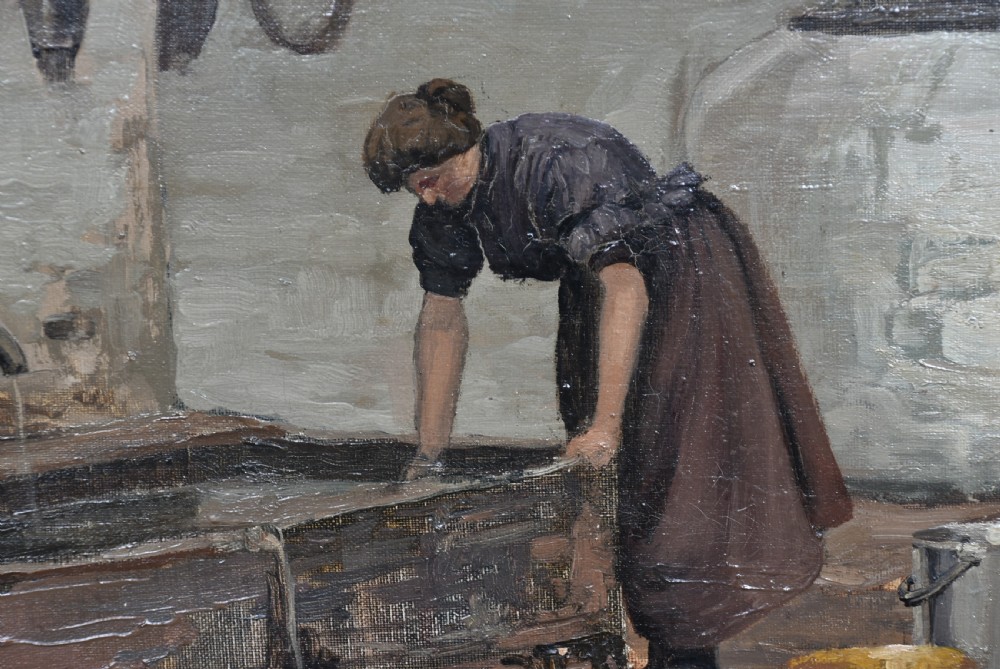 A framed oil painting depicting a woman working beside a water trough in a stone farmyard with white ducks in the foreground. View X