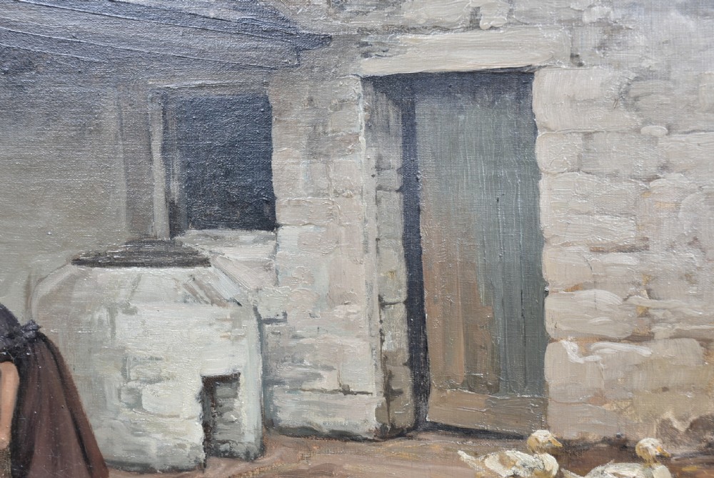 A framed oil painting depicting a woman working beside a water trough in a stone farmyard with white ducks in the foreground. View XI