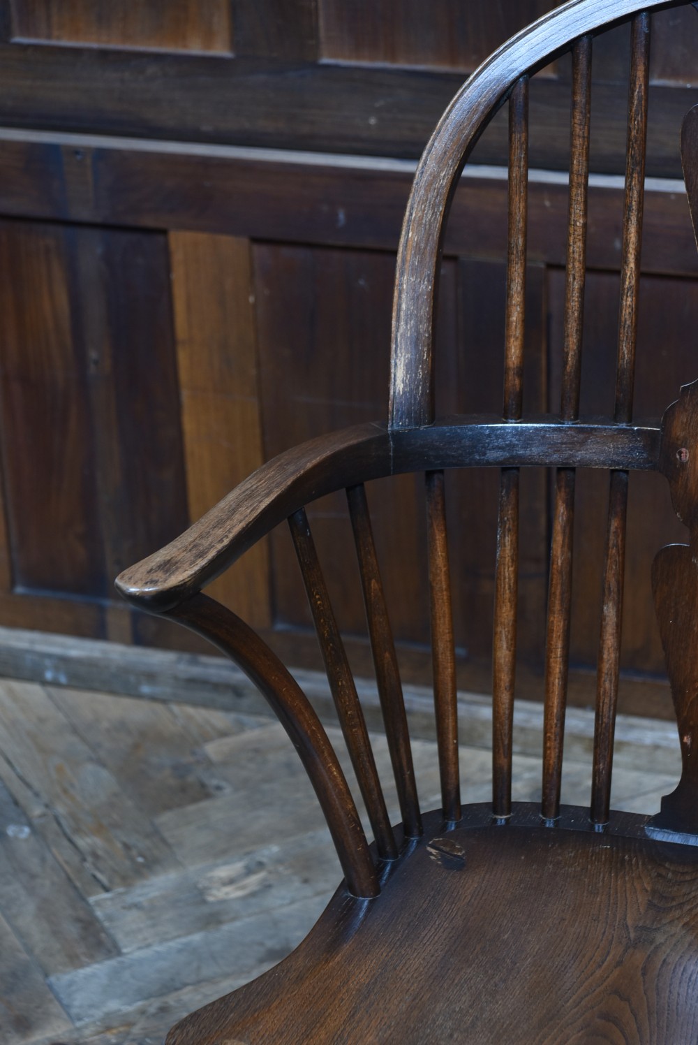 A pair of antique wooden Windsor armchairs featuring shaped back splats, curved arms, saddle seats, and cabriole front legs. View III