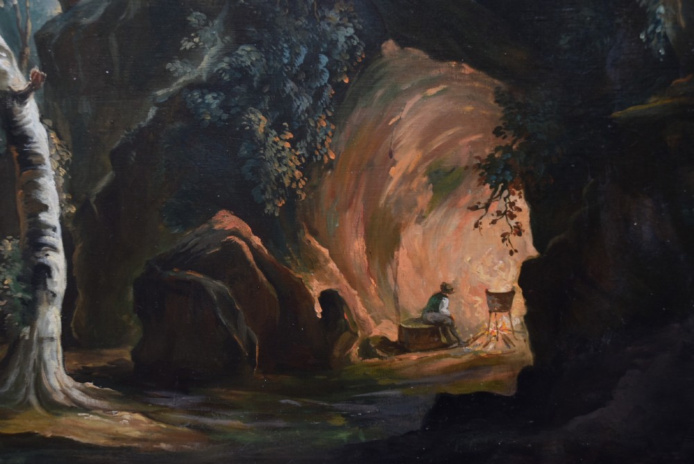 An 18th-century classical landscape oil painting on canvas featuring a waterfall, rocky cliffs, and distant river set within a moulded giltwood frame. View III