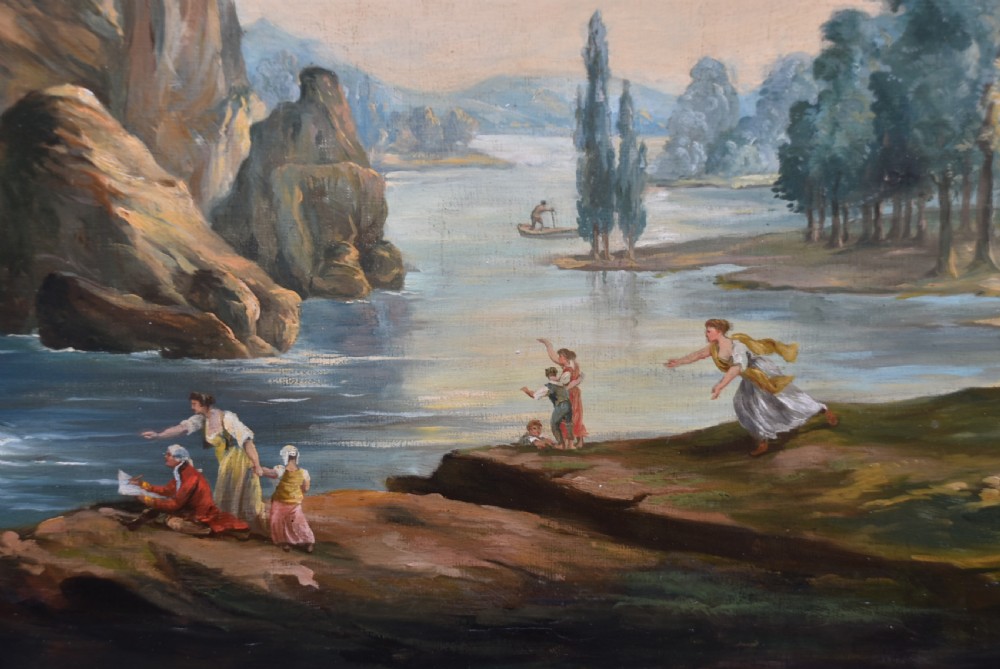 An 18th-century classical landscape oil painting on canvas featuring a waterfall, rocky cliffs, and distant river set within a moulded giltwood frame. View IV