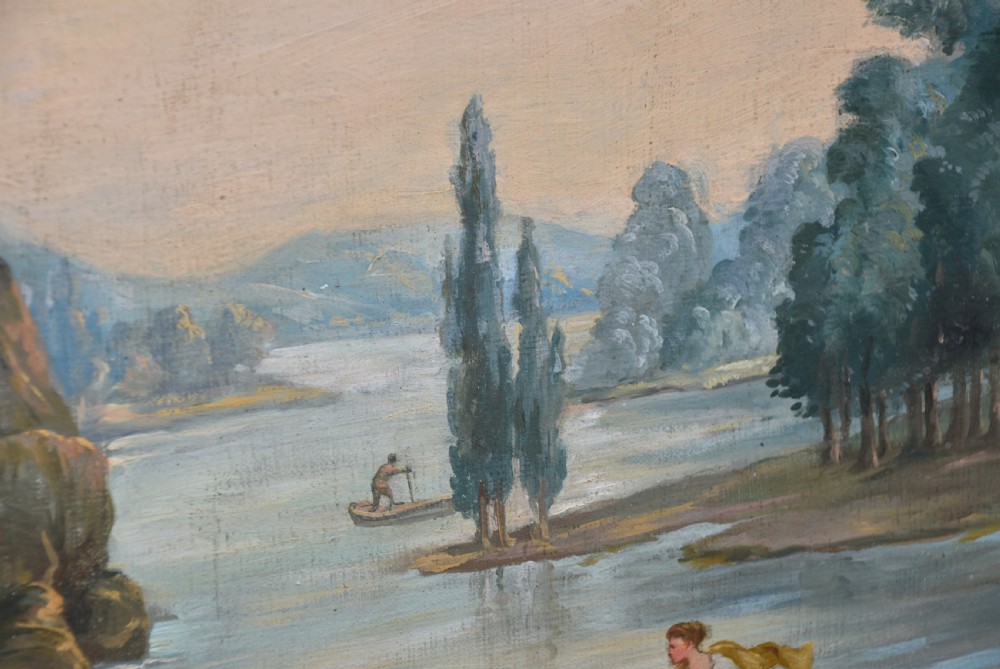 An 18th-century classical landscape oil painting on canvas featuring a waterfall, rocky cliffs, and distant river set within a moulded giltwood frame. View VII