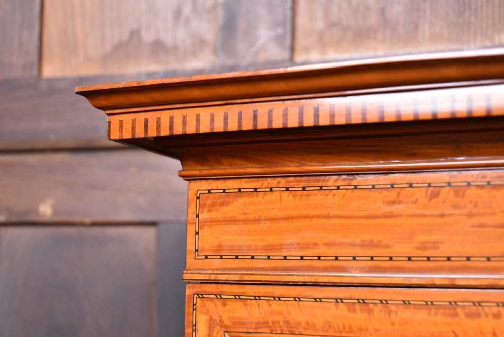An Edwardian satinwood display cabinet with two glazed upper doors, two chevron veneer lower doors, and tapered square legs with an open undershelf. View IX