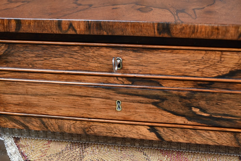 A Victorian rosewood drop-leaf work table featuring a turned column, fabric-covered sewing basket underneath, and a quadform base with scroll feet. View VIII
