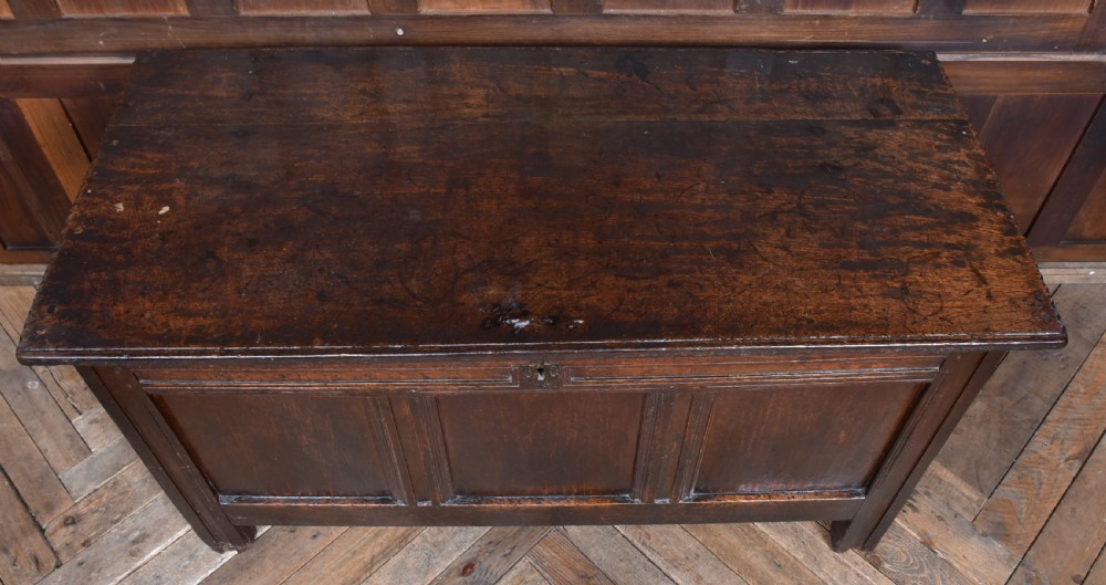 An 18th-century dark oak coffer with a rectangular top lid, three front recessed panels, and a central iron keyhole escutcheon. View III