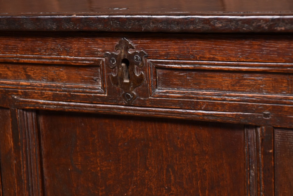 An 18th-century dark oak coffer with a rectangular top lid, three front recessed panels, and a central iron keyhole escutcheon. View IX