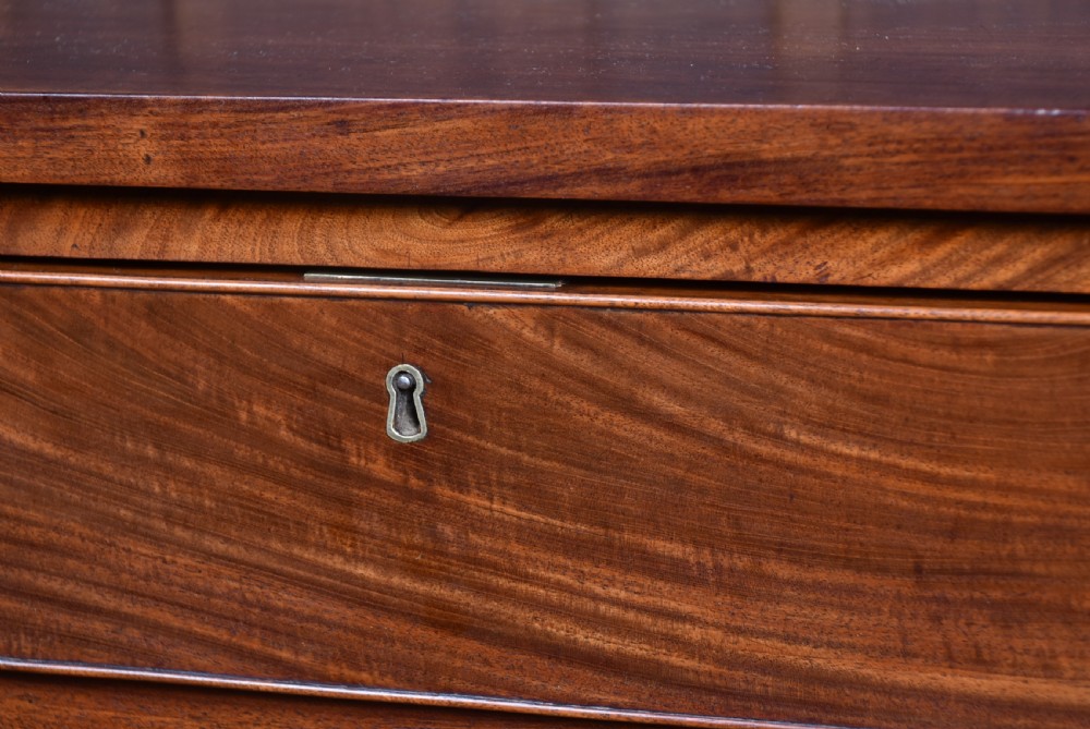 A tall Georgian mahogany secretaire chest featuring six graduated drawers, brass swan-neck handles, and ogee bracket feet. View VI