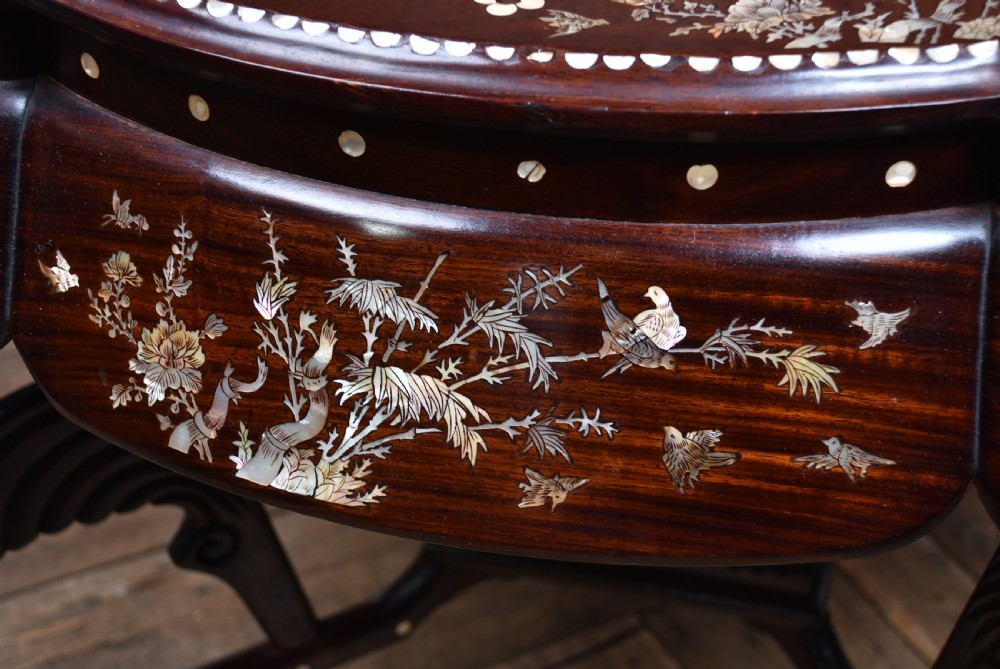 A circular dark hardwood centre table featuring intricate mother-of-pearl floral inlays, carved cabriole legs, and a grey and white variegated marble inset top. View VIII
