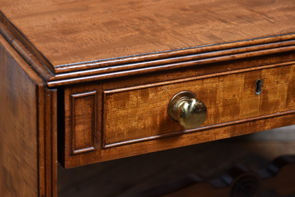A Regency mahogany drop-leaf sofa table featuring flame mahogany drawer fronts, reeded upright trestle legs, a stretcher with central roundel, and brass lion paw castors. View VII