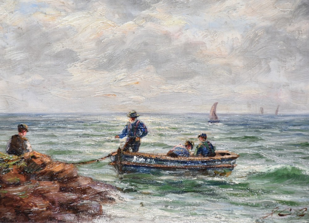 An impressionist oil painting depicting figures casting off in a rowing boat from a rocky shore, housed in an ornate carved gold gilt frame. View II