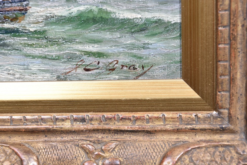 An impressionist oil painting depicting figures casting off in a rowing boat from a rocky shore, housed in an ornate carved gold gilt frame. View VIII