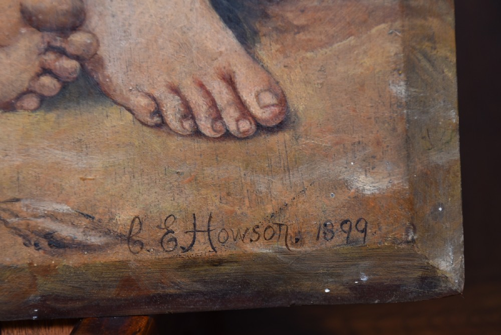 A late nineteenth-century oil painting on a bevelled wooden panel depicting a barefoot young woman wearing a red shawl. View IV