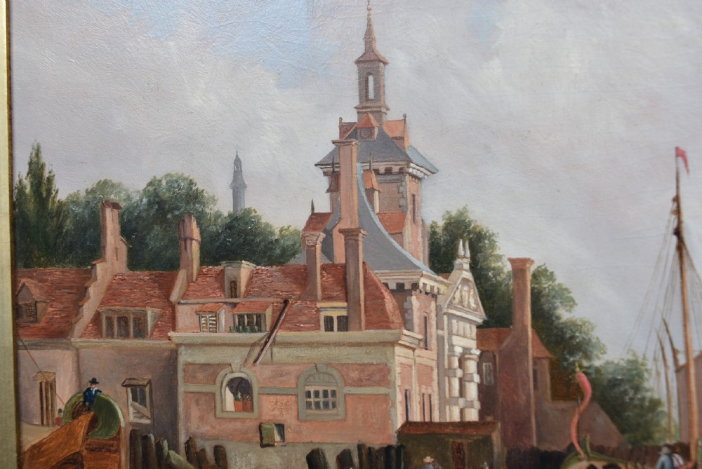 A framed oil painting depicting sailboats in a Dutch harbour beside historic brick buildings under a cloudy sky. View VII