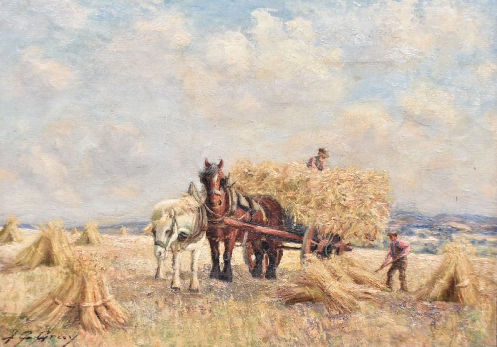An oil painting set within a moulded gilt frame depicting farm workers and heavy horses gathering hay stooks in an open field under a cloudy sky. View II