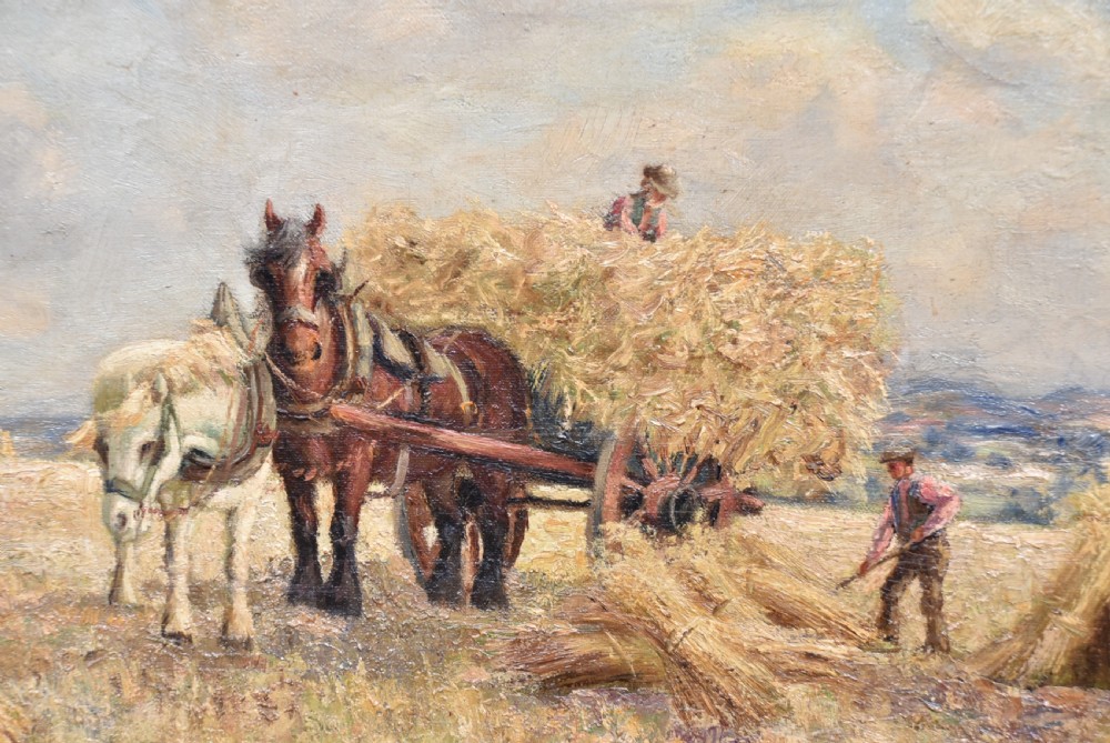 An oil painting set within a moulded gilt frame depicting farm workers and heavy horses gathering hay stooks in an open field under a cloudy sky. View III