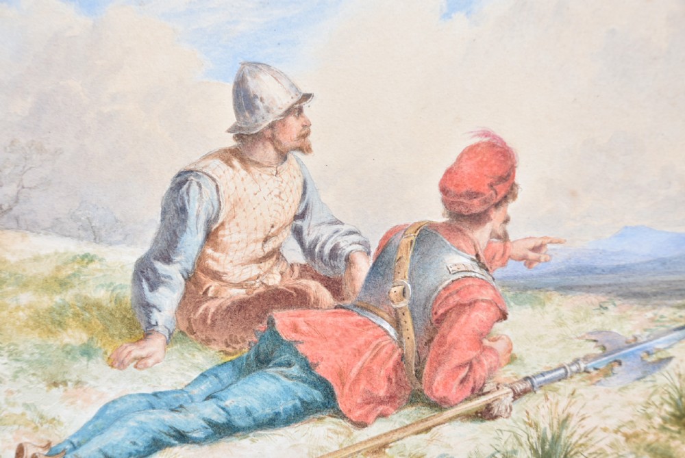 A framed Victorian historical painting depicting two sentinels watching over an open moorland landscape, set within a wide gold gilt frame. View III