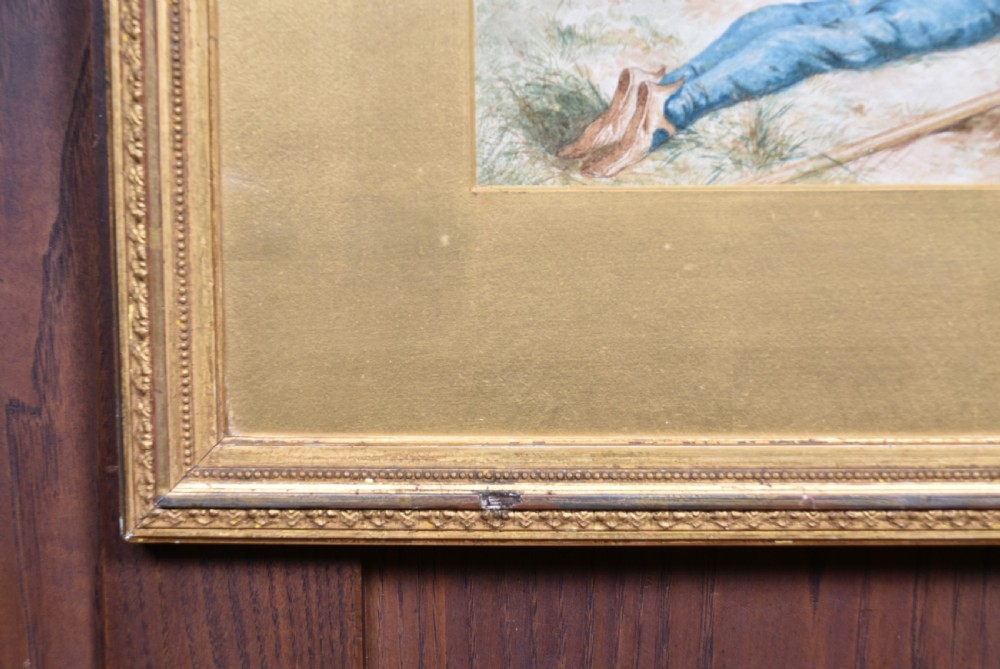 A framed Victorian historical painting depicting two sentinels watching over an open moorland landscape, set within a wide gold gilt frame. View VII