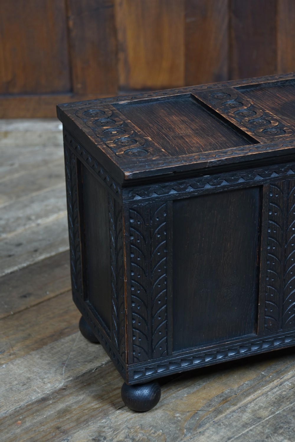 Miniature Edwardian Carved Oak Coffer View II