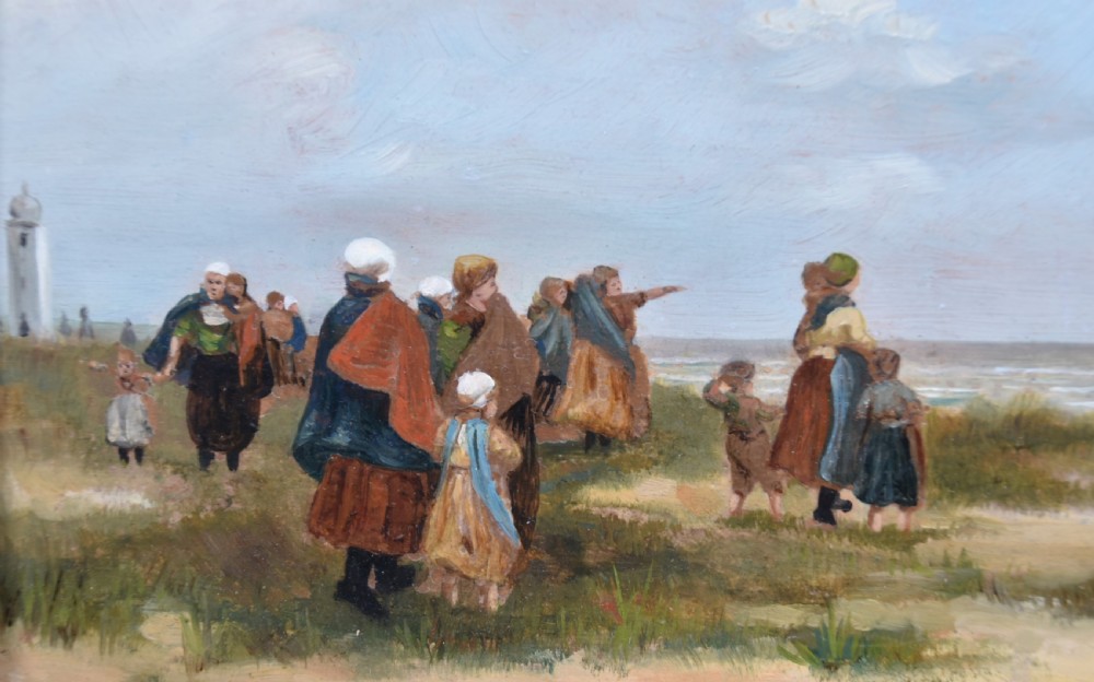 A pair of framed antique oil on board paintings depicting Dutch coastal scenes with figures on a sandy beach under muted skies. View III