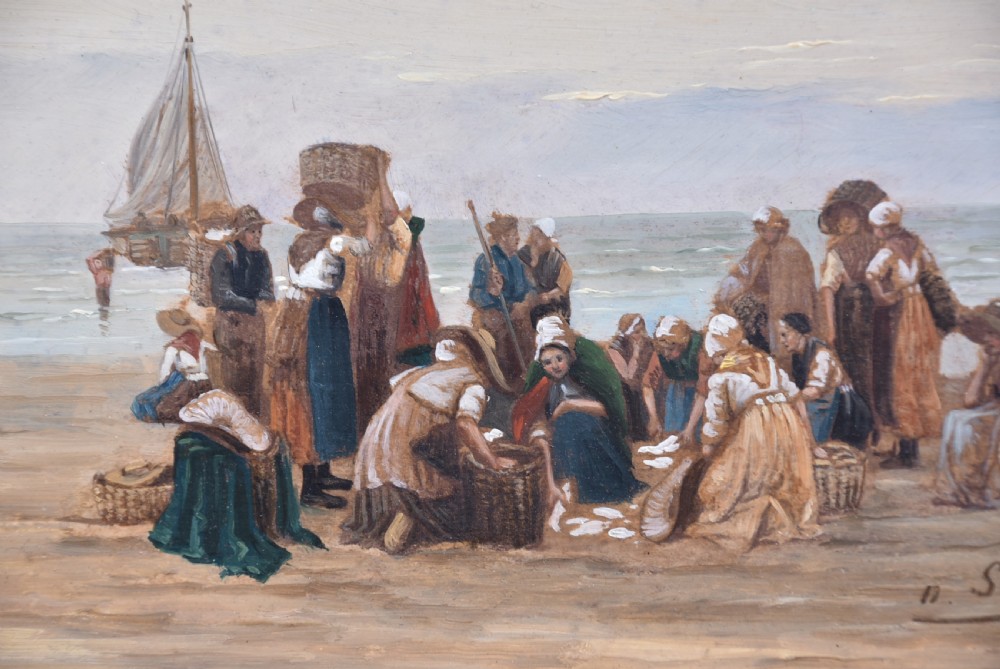 A pair of framed antique oil on board paintings depicting Dutch coastal scenes with figures on a sandy beach under muted skies. View VII