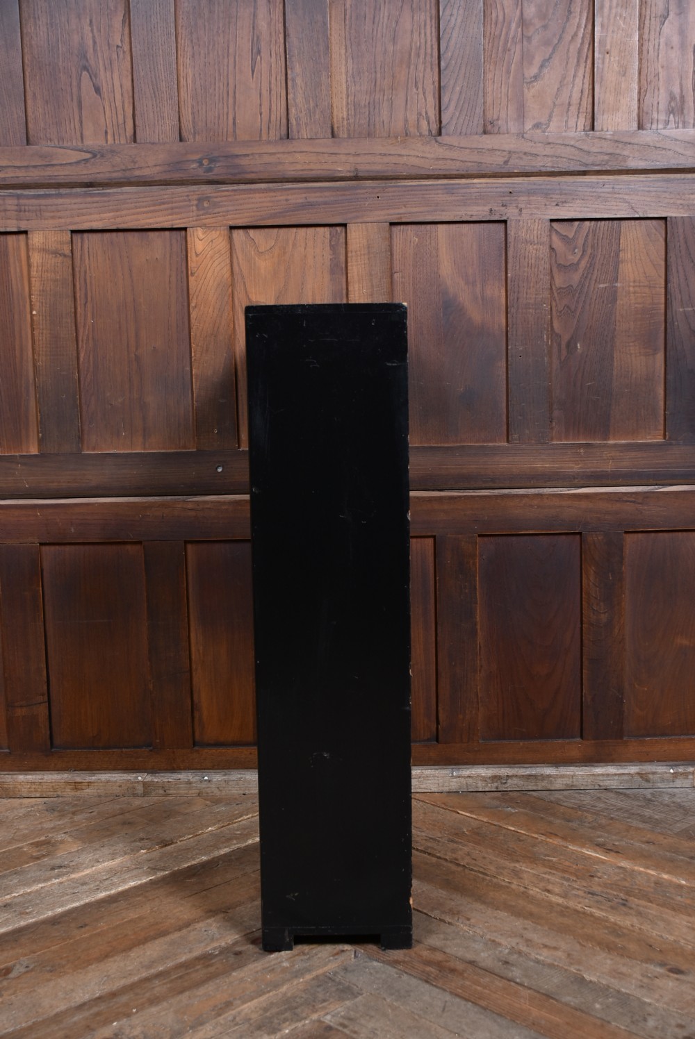 A rectangular black glass-fronted display case featuring full-mount taxidermy of a grey heron and a moorhen set against a painted background with marsh reeds. View XIV