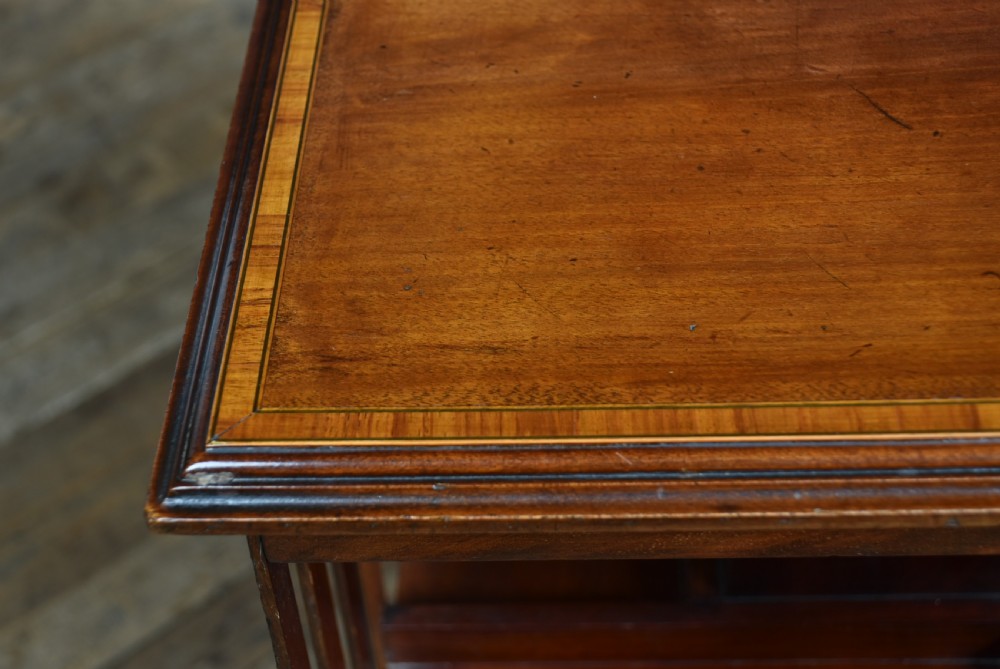 An Edwardian two-tier mahogany revolving bookcase with vertical slatted sides and a polished square top. View VI