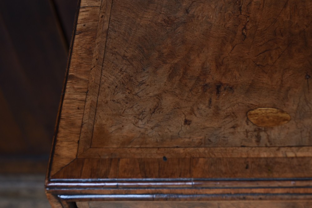 An 18th-century Georgian burr walnut kneehole desk featuring brass drop handles, bone keyhole escutcheons, an arched central recess, and bracket feet. View VIII