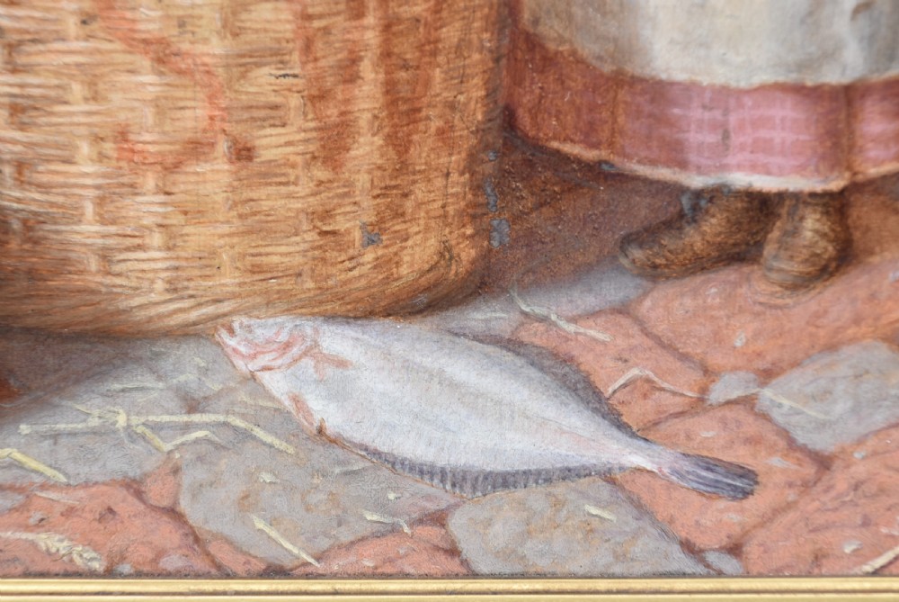A Victorian oil painting on wood panel depicting a fisherman packing a wicker basket alongside a young girl, set within an ornate gilded frame. View XI
