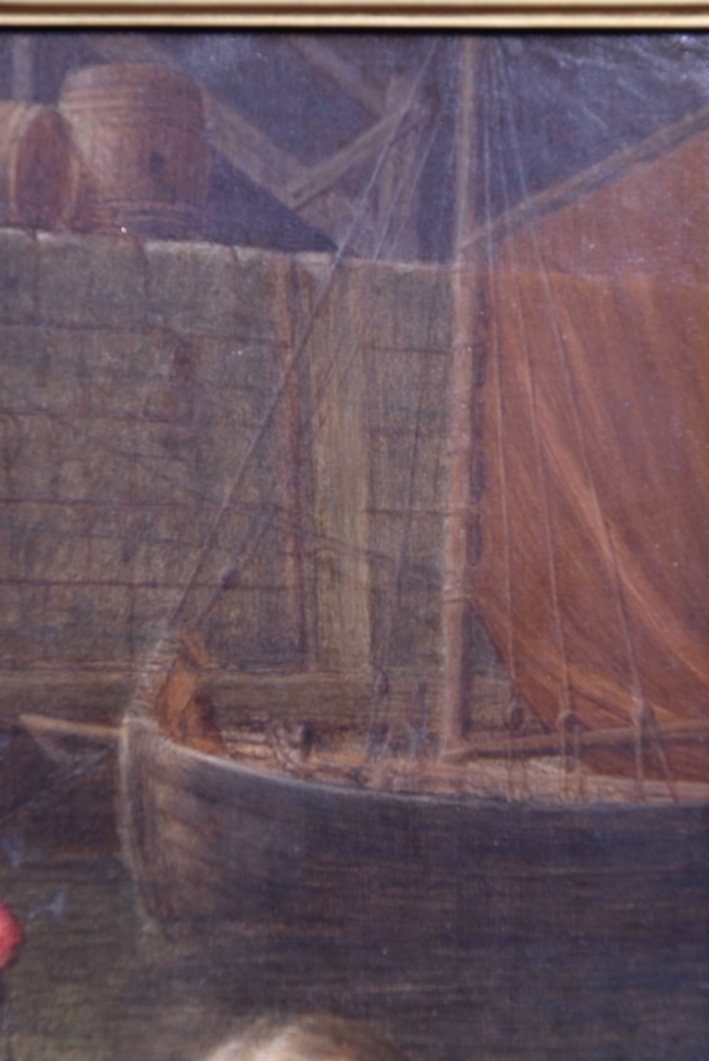A Victorian oil painting on wood panel depicting a fisherman packing a wicker basket alongside a young girl, set within an ornate gilded frame. View XII