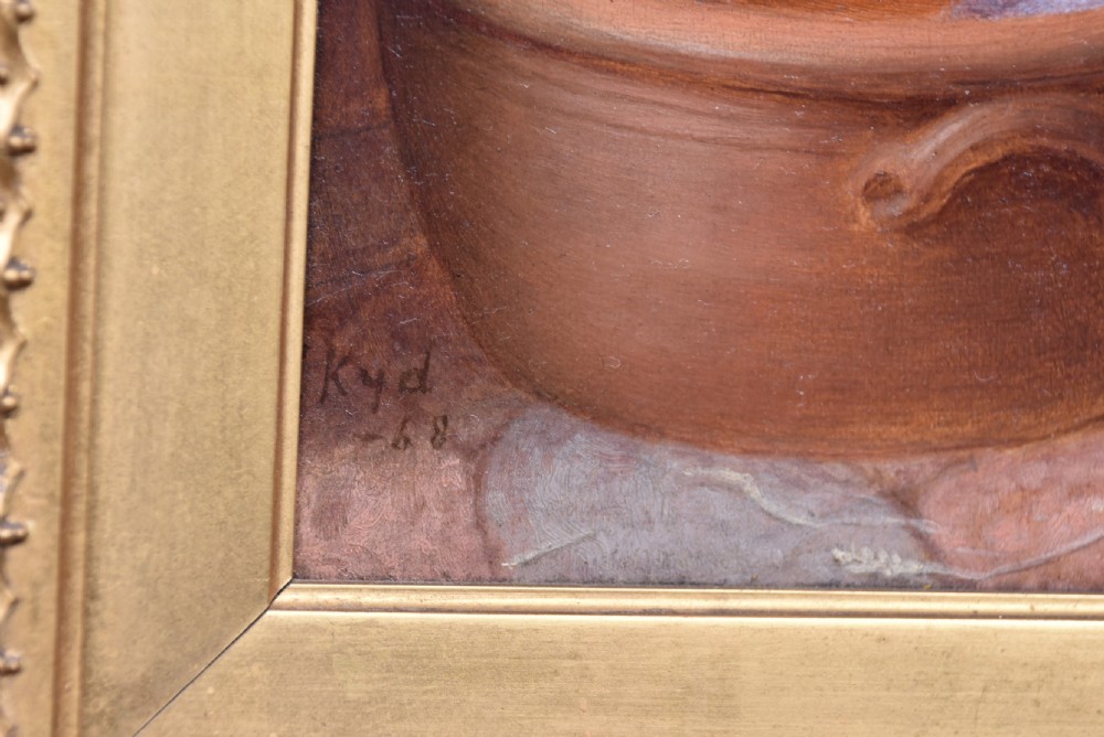 A Victorian oil painting on wood panel depicting a fisherman packing a wicker basket alongside a young girl, set within an ornate gilded frame. View XV
