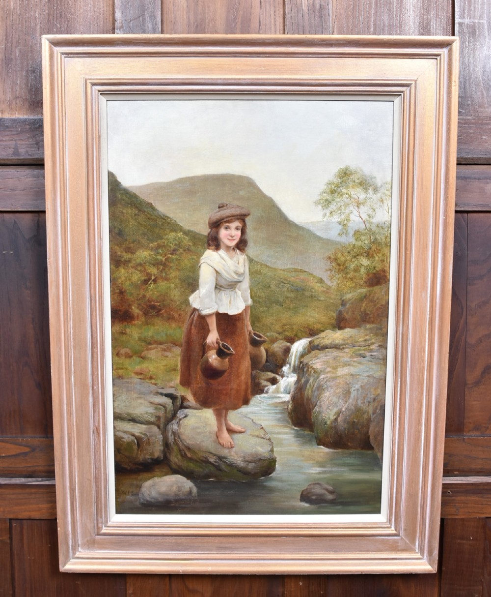 Framed oil painting depicting a young barefoot woman carrying clay jugs beside a stream in a Scottish Highland landscape.