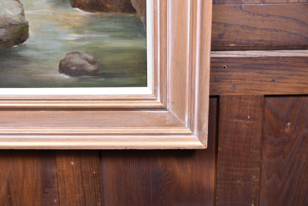 Framed oil painting depicting a young barefoot woman carrying clay jugs beside a stream in a Scottish Highland landscape. View VI