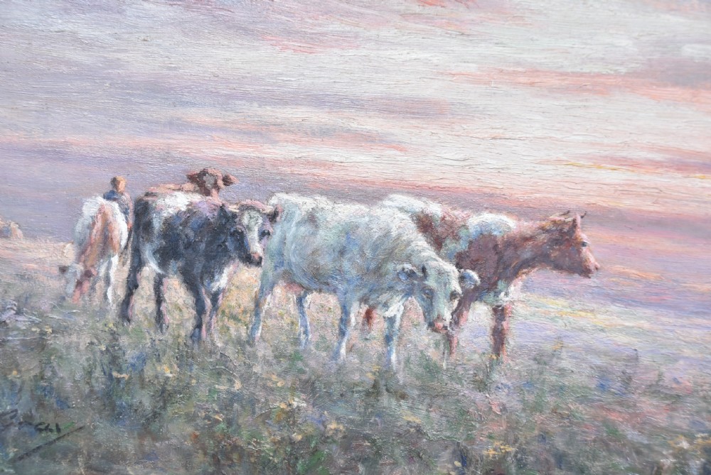 A framed oil painting depicting a herd of cattle grazing in a field beneath a dusk sky, enclosed within a decorative gold gilt frame. View III
