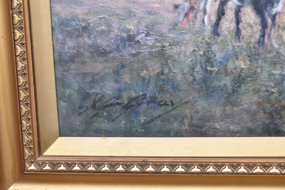 A framed oil painting depicting a herd of cattle grazing in a field beneath a dusk sky, enclosed within a decorative gold gilt frame. View IV