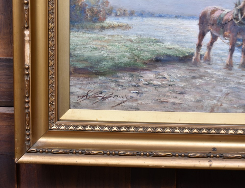 A framed oil painting depicting a herd of cattle grazing in a field beneath a dusk sky, enclosed within a decorative gold gilt frame. View XIV