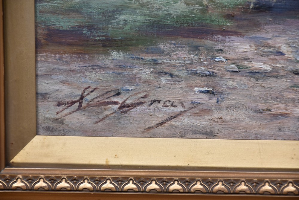 A framed oil painting depicting a herd of cattle grazing in a field beneath a dusk sky, enclosed within a decorative gold gilt frame. View XV