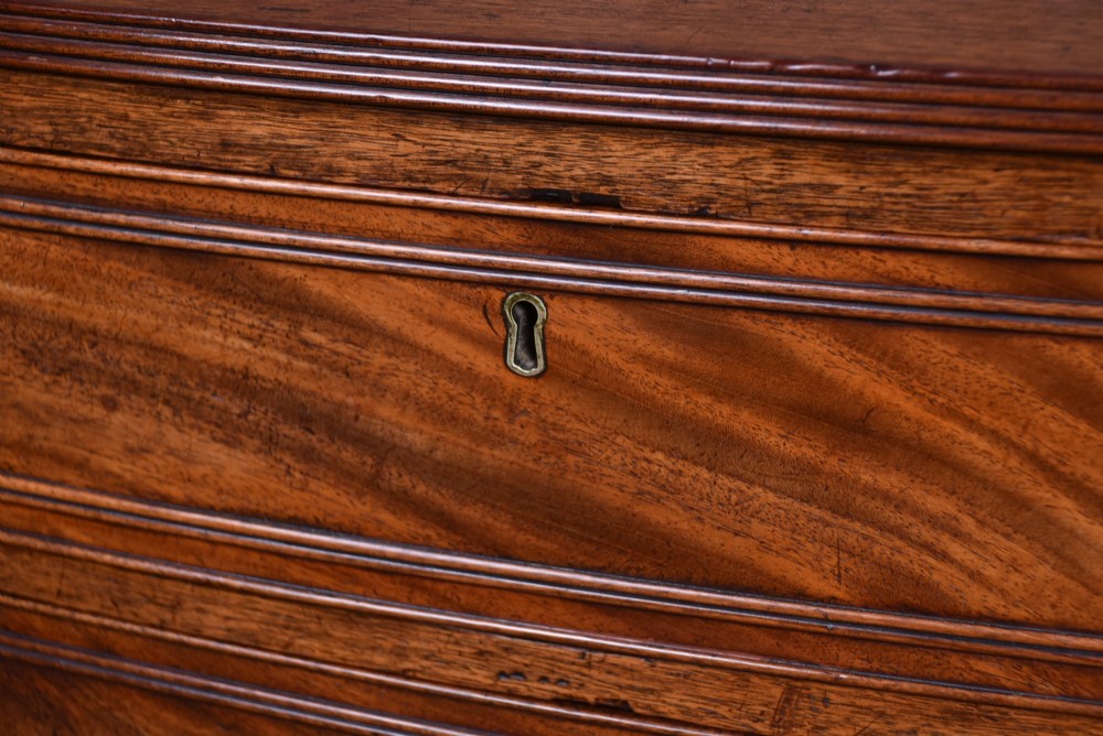 An early nineteenth-century mahogany bow-front chest of drawers featuring five graduated drawers with oval brass handles and turned feet. View III
