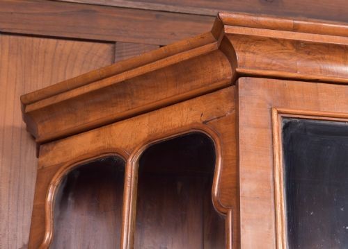 A nineteenth-century Dutch walnut display cabinet featuring a glazed upper section with individual glass panes and a lower cupboard with arched panelled doors resting on bracket feet. View X