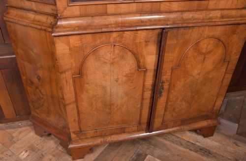 A nineteenth-century Dutch walnut display cabinet featuring a glazed upper section with individual glass panes and a lower cupboard with arched panelled doors resting on bracket feet. View XI