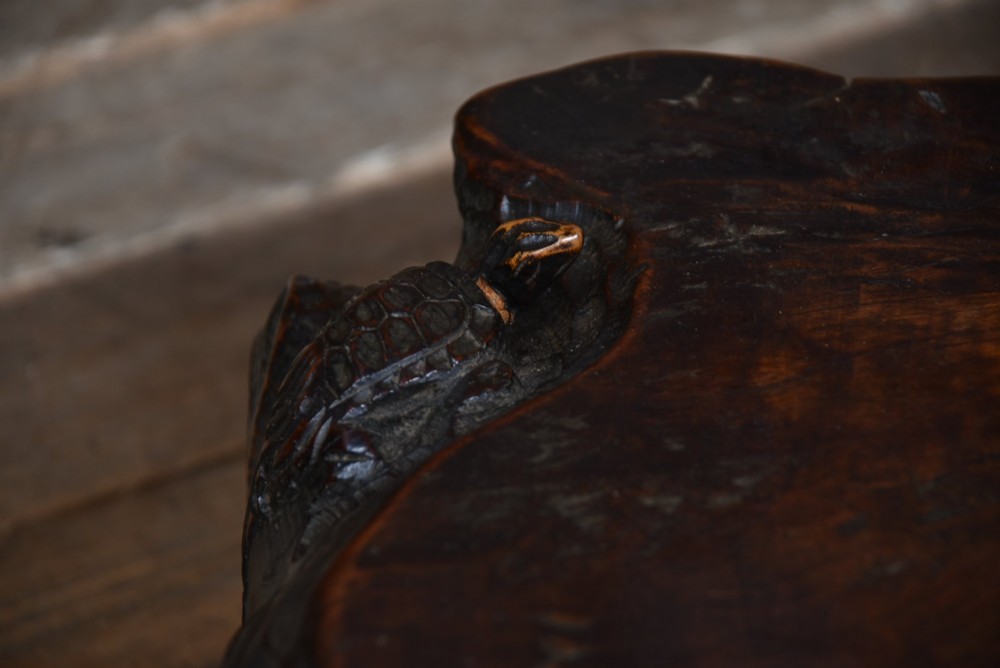 A dark brown carved hardwood display stand featuring a hand-carved turtle motif along the organic natural edge. View VIII