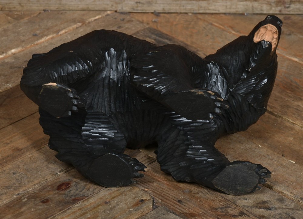 A hand-carved dark wood Japanese Kibori Kuma bear sculpture depicting a standing bear with an open mouth showing carved teeth and textured fur detailing. View VIII